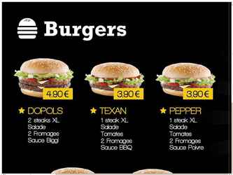 Création et fabrication d'un menu board rétro éclairé.

La conception des "burgers" à été faite par nos soins et réalisé sous forme de kit permettant la création de nouveaux burgers, simplement.

Nous avons réalisé la production et la pose de ce panneau également.