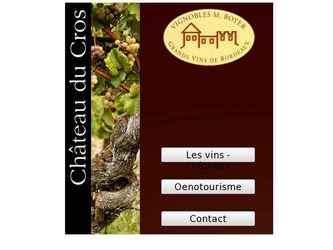 Cr&eacute;ation d'une version originale en quelques pages du site Internet du Ch&acirc;teau du Cros. Pr&eacute;sentation des vins, Oenotourisme, diaporama full screen et effets discrets d'animation en HTML 5.