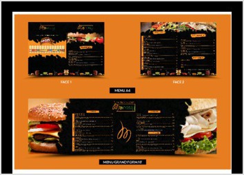 Charte Graphique Menu Rstaurant Mc Nessy :
- Menu Format A4 deux volets.
- Menu Grande Format ( 2m x 0,75m ).